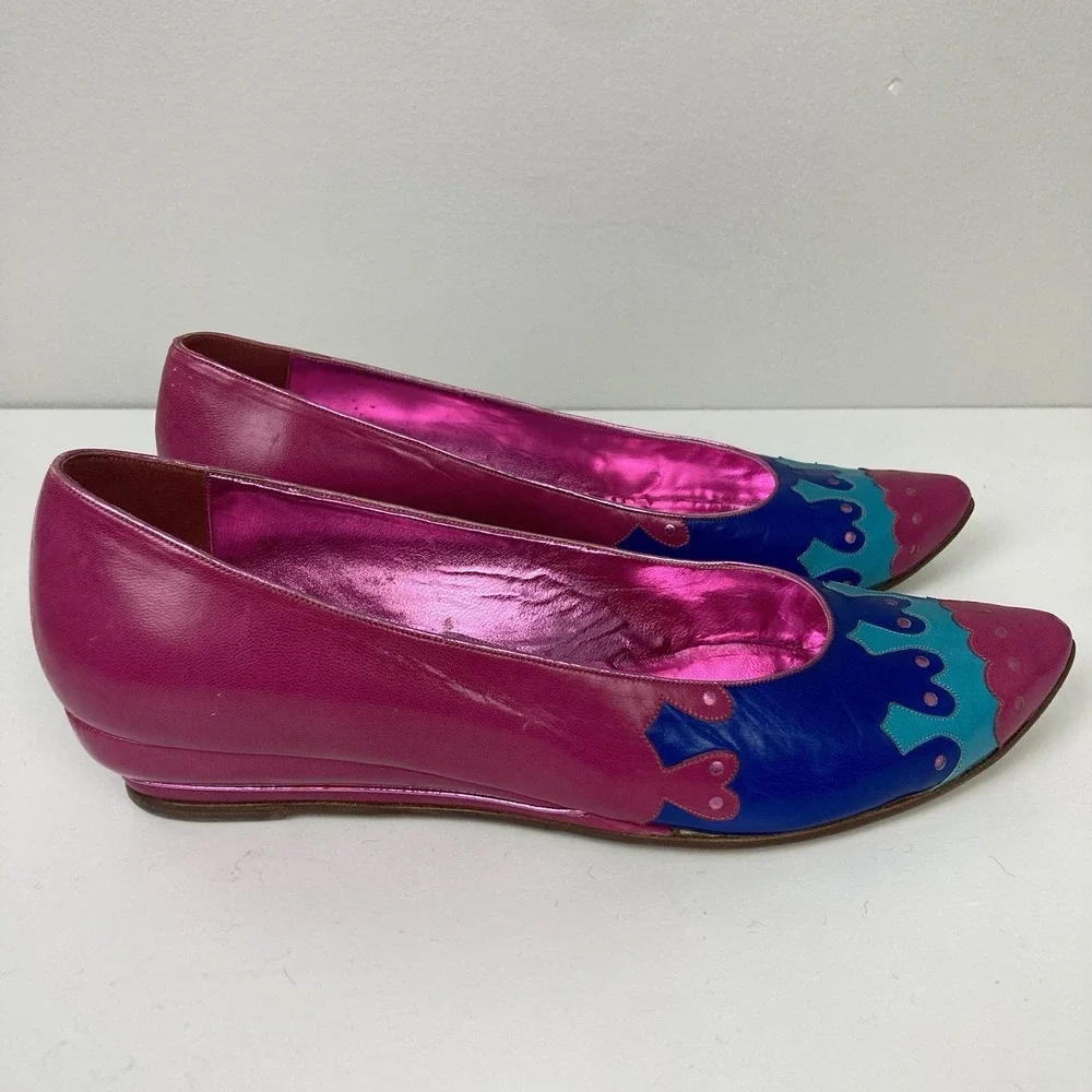 Vintage VTG NEW Andrea Pfister Pink Blue Teal Low Heel Wedge Ballet Flats Sz 8
